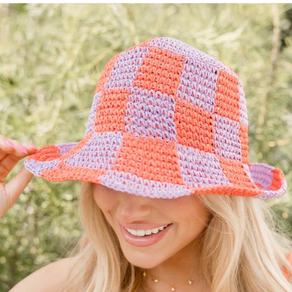 Orange & Lavender Checkered Straw Bucket Hat
